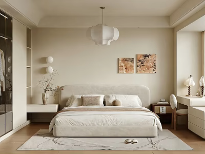 Modern Bedroom Interior With Beige Bed Artwork Pendant Light Rug And Wardrobe 3d model