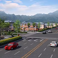 Scenic Mountain View Commercial Complex With Palm Trees Pedestrians And Cars On Road