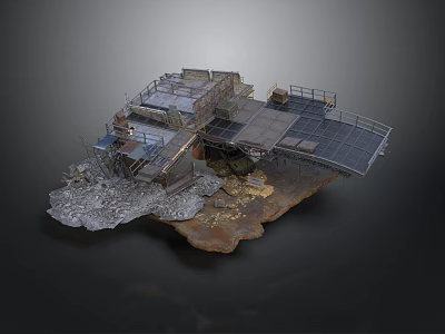 Damaged Industrial Scene Structure With Rusted Metal Platforms Debris And Rock Base 3d model