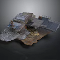 Damaged Industrial Scene Structure With Rusted Metal Platforms Debris And Rock Base