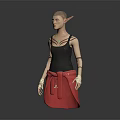 Game and Movie Character With Pointed Ears Bald Head Tattoos Gray Tank Top Red Skirt