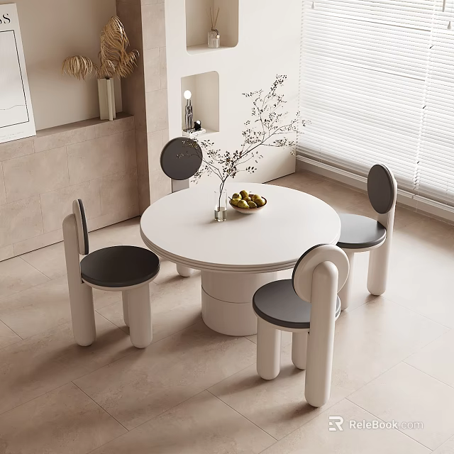 Modern Round Dining Table Set with Black Seats White Chairs Flower Vase And Fruit Bowl 3d model 