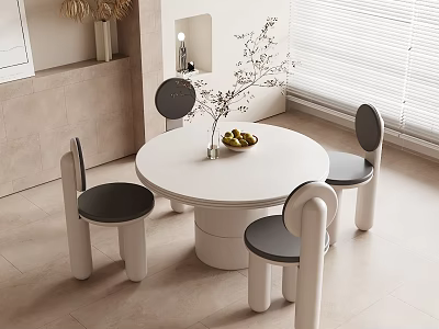 Modern Round Dining Table Set with Black Seats White Chairs Flower Vase And Fruit Bowl 3d model