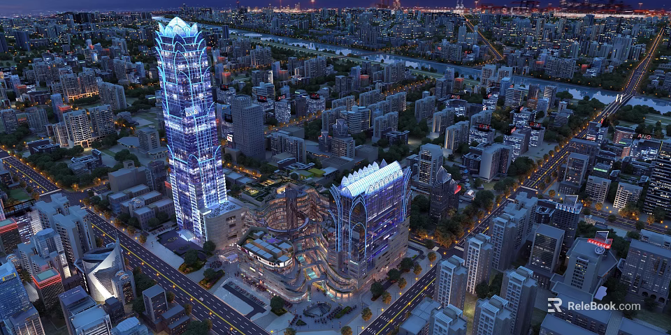 Aerial Urban Planning Night View With Illuminated Skyscrapers Roads And Building Complex 3d model 