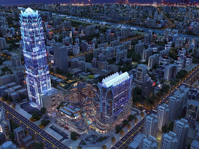 Aerial Urban Planning Night View With Illuminated Skyscrapers Roads And Building Complex 3d model
