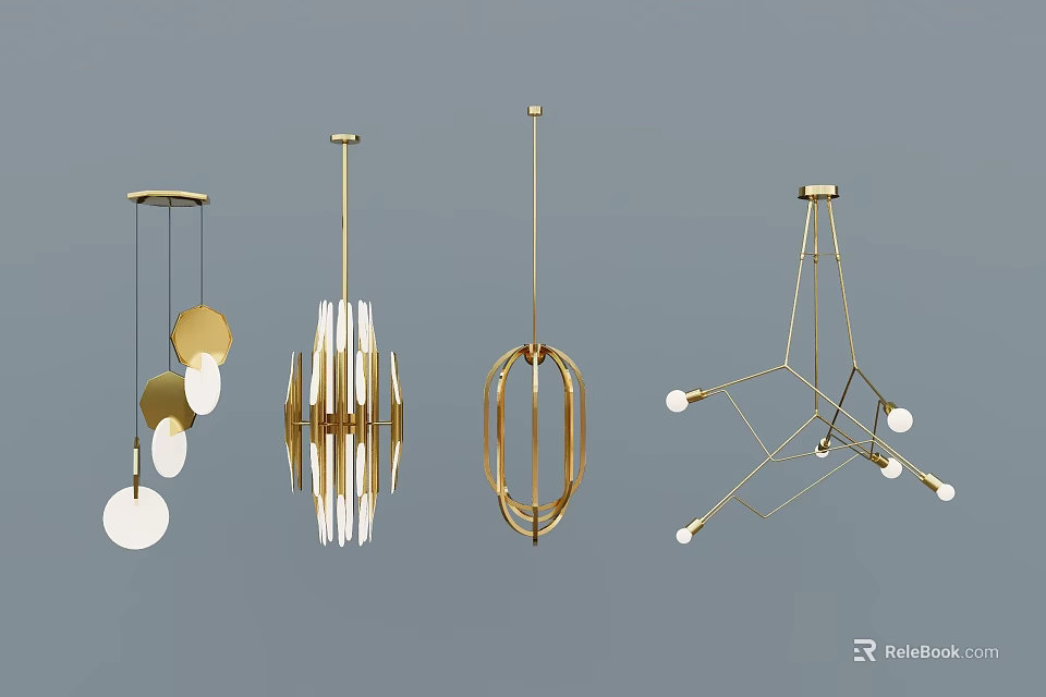 Contemporary Modern Chandeliers Featuring Geometric Circular Designs Golden Frames and White Shades 3d model 