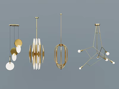 Contemporary Modern Chandeliers Featuring Geometric Circular Designs Golden Frames and White Shades 3d model