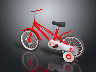 Red Children's Bicycle With Black Seat Training Wheels And White Wheel Rims 3d model
