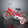 Red Children's Bicycle With Black Seat Training Wheels And White Wheel Rims
