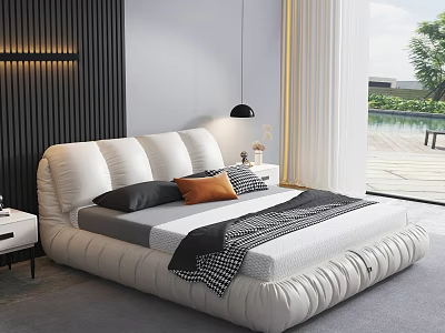 Modern White Double Bed with Upholstered Headboard Pillows and Bedroom Window View 3d model