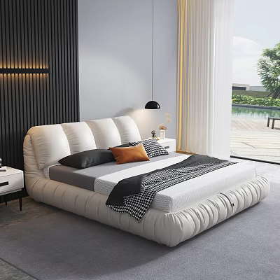 Modern White Double Bed with Upholstered Headboard Pillows and Bedroom Window View 3d model
