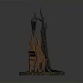 Wooden Bench With Tree Branch Structure And Hanging Lantern On Stone Ground With Flames