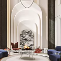 Duplex Living Room Interior Design With Modern High Ceiling Chandelier Marble Fireplace And Sofa