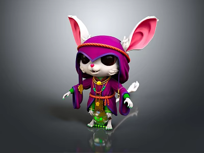 Cartoon Style 3D Fantasy Creature Character Featuring Large Ears Purple Hooded Cloak And Green Accessories 3d model