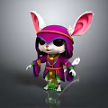 Cartoon Style 3D Fantasy Creature Character Featuring Large Ears Purple Hooded Cloak And Green Accessories