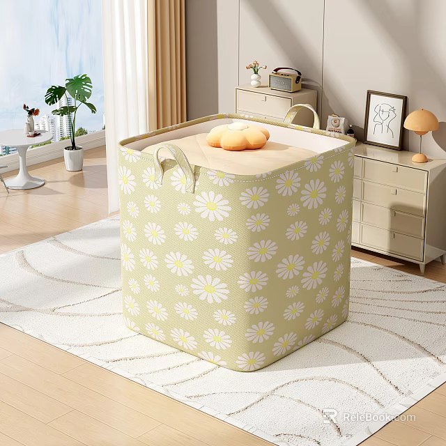 Entryway Cabinet And Side Cabinet With Green Daisy Pattern Storage Box Rug Plant And Decorative Lamp 3d model 