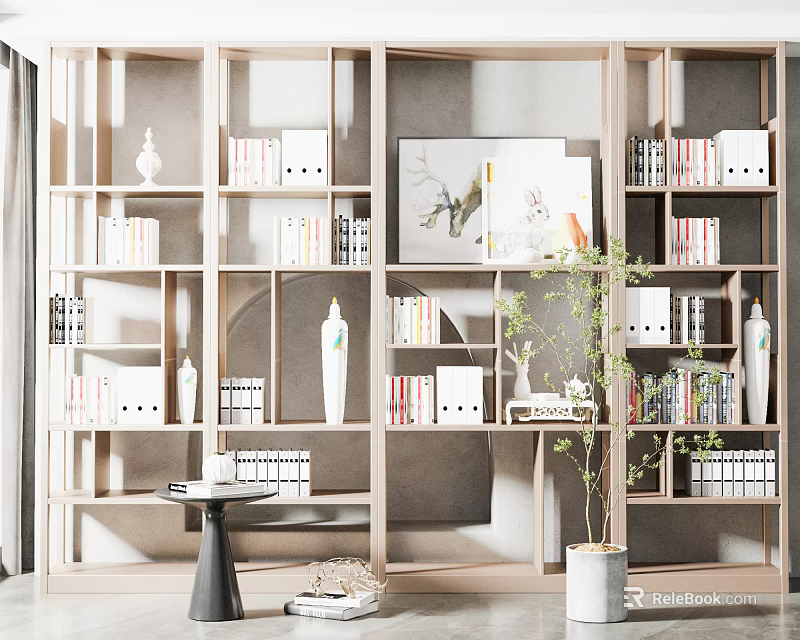 Modern Open Bookcase with Books Decorative Vases Artwork and Potted Plant 3d model 