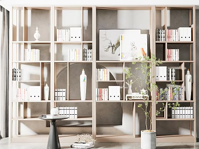 Modern Open Bookcase with Books Decorative Vases Artwork and Potted Plant 3d model