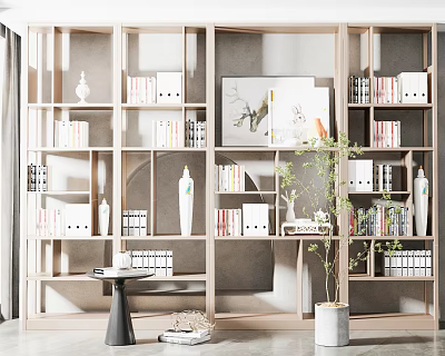 Modern Open Bookcase with Books Decorative Vases Artwork and Potted Plant 3d model