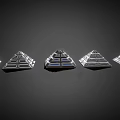 Cartoon Futuristic Scene With Silver Pyramids Geometric Patterns Glowing Blue Lights On Black Background