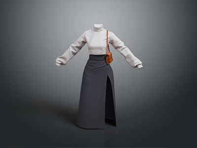 Stylish White Turtleneck Top With Gray Slit Midi Skirt And Brown Crossbody Bag 3d model