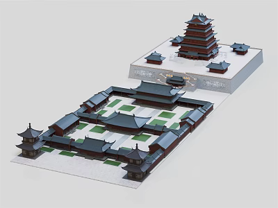 Traditional Chinese Ancient Architecture Model With Courtyard Layout And Tower Structure Design 3d model