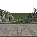 Courtyard Garden Design With Stone Pavement Circular Lawns Rock Formations And Pine Trees