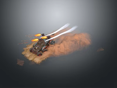 Rugged Desert Terrain With Military Vehicle Firing Missiles Kicking Up Dust Clouds 3d model