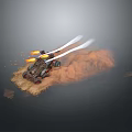 Rugged Desert Terrain With Military Vehicle Firing Missiles Kicking Up Dust Clouds