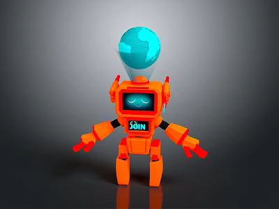Orange Robot Character With Blue Sphere Head And COIN On Chest In Cartoon Toy Design 3d model