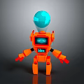 Orange Robot Character With Blue Sphere Head And COIN On Chest In Cartoon Toy Design