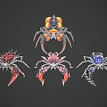 Mechanical Reptile Spider Creatures Featuring Red Blue And Orange Color Patterns 3d model