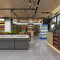 Bright Supermarket Interior with Neatly Arranged Shelves Milk Products Fruit Section and Various Goods