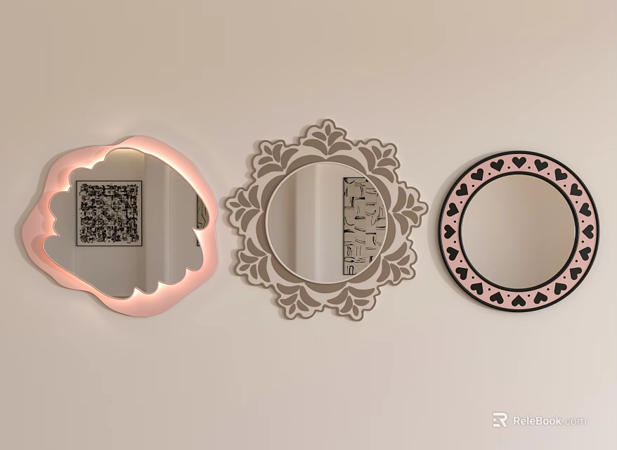 Three Decorative Mirrors with Pink Lighted Frame Intricate Floral Design and Heart Patterned Round Shape 3d model