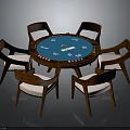 Round Wooden Poker Table With Six Chairs Featuring Poker Chips And Playing Cards