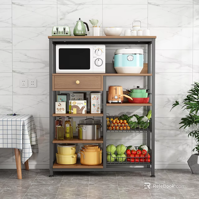 Practical Kitchen Storage Cabinet With Microwave Rice Cooker Pots Spices And Fresh Produce 3d model 