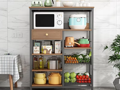 Practical Kitchen Storage Cabinet With Microwave Rice Cooker Pots Spices And Fresh Produce 3d model