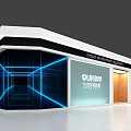 Shopping Mall Store Exterior White Building Black Lines Diamond Pattern Wall Orange Glass Green Sign