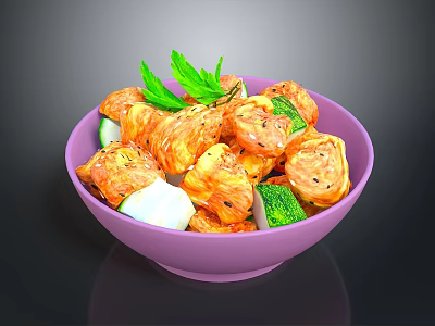 Fried Chicken Pieces with Fresh Cucumber Broccoli and Cilantro in Purple Bowl 3d model