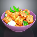 Fried Chicken Pieces with Fresh Cucumber Broccoli and Cilantro in Purple Bowl