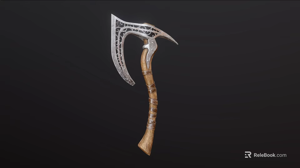 Ornate Metal Sickle With Intricate Carved Blade And Wooden Handle Design 3d model 