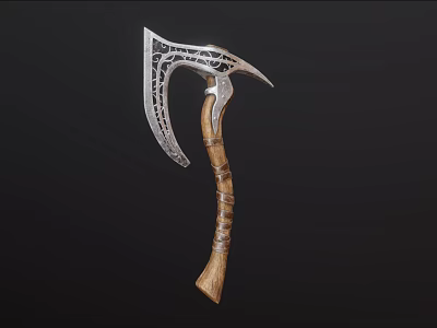 Ornate Metal Sickle With Intricate Carved Blade And Wooden Handle Design 3d model