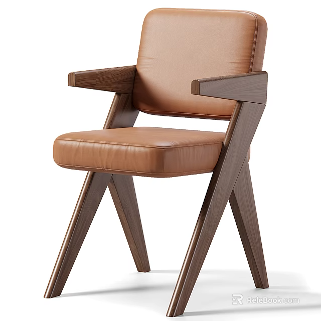 Modern Brown Leather Single Chair With Wooden Armrests And Cross Legs Design 3d model 