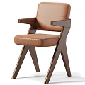Modern Brown Leather Single Chair With Wooden Armrests And Cross Legs Design