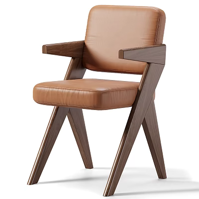 Modern Brown Leather Single Chair With Wooden Armrests And Cross Legs Design 3d model