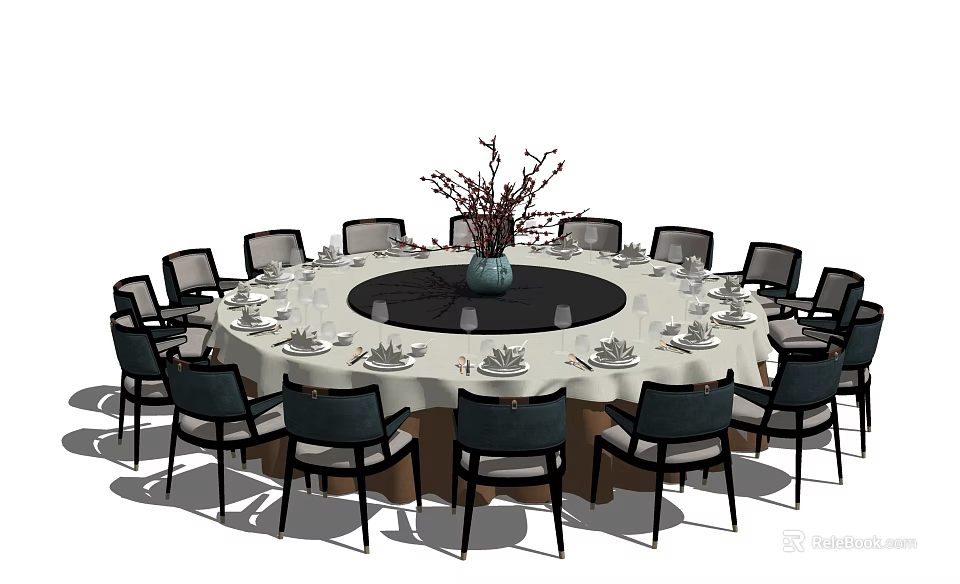 Elegant Round Dining Table Set with Chairs Tableware and Decorative Vase Branches 3d model