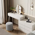 Modern White Dressing Table Interior With Round Mirror Drawers And Stool 3d model