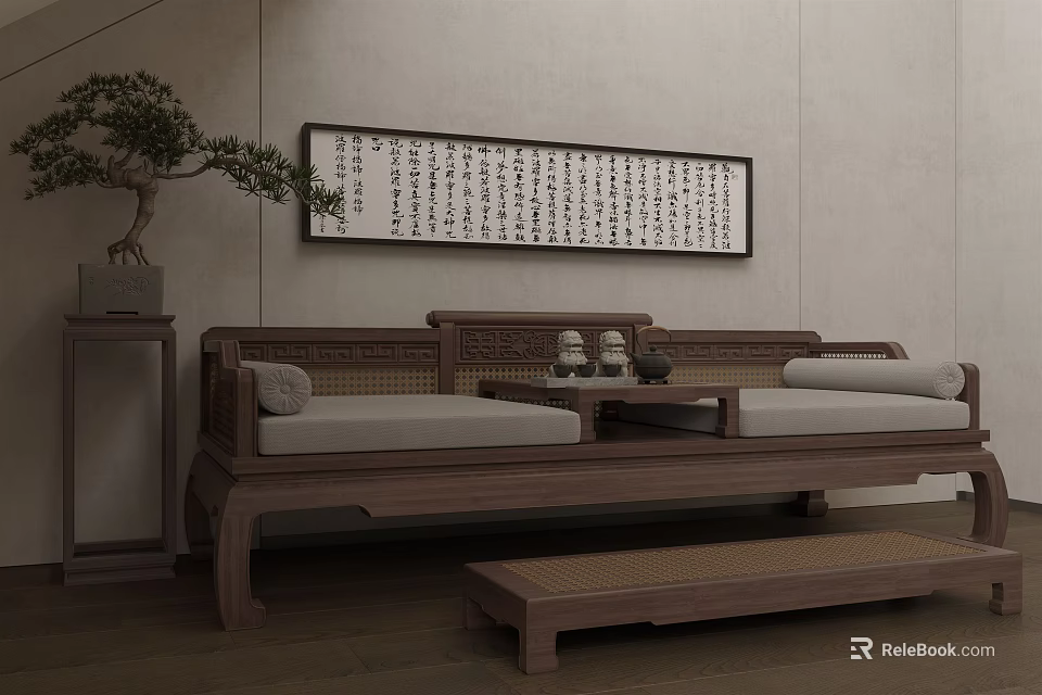 Chinese Style Wooden Two-Seater Sofa With Tea Table Calligraphy Painting And Potted Plant 3d model 
