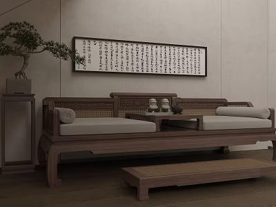 Chinese Style Wooden Two-Seater Sofa With Tea Table Calligraphy Painting And Potted Plant 3d model