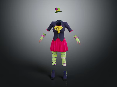 Game Movie Character Colorful Costume With Green Hat Navy Blue Top Yellow Bow And Pink Skirt 3d model